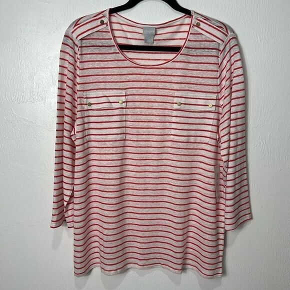 Chico’s Striped Knit Linen Pocket 3/4 Sleeve Tee Blouse Size XL - Picture 2 of 10